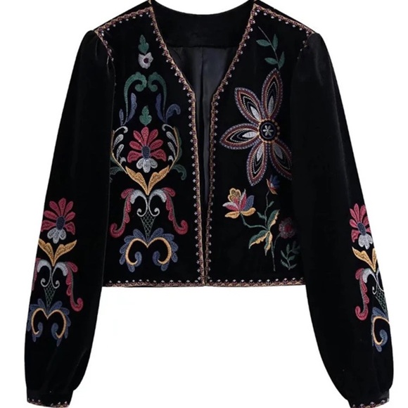 Jackets & Blazers - Black Faux Suede Floral Embroidered Jacket